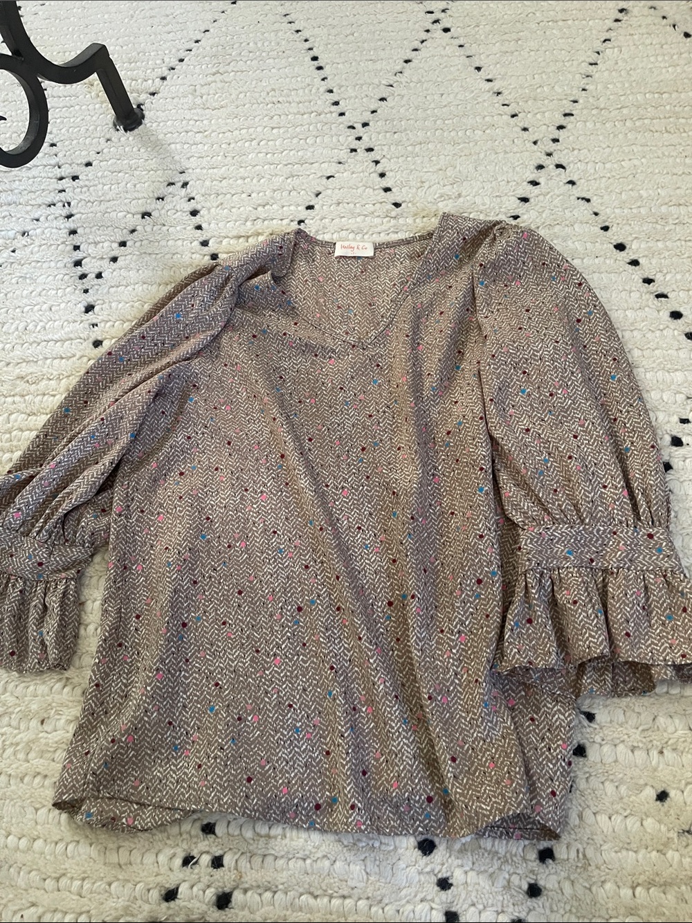 Neutral Taupe Patterned V-Neck Ruffle Sleeve Blouse